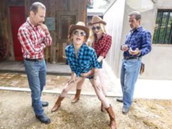 The 2 cowboys bring their daughters inside and slip their big hogs inside their tight young pussies. The girls go for some crazy rides, bouncing up and down on each others dads big dicks. Then, the guys squirt a huge helping of jizm on the girls faces. Ma
