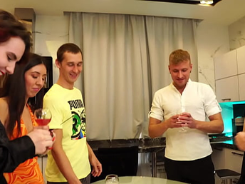 Soiree & Pummel gangbang: school girls celebrate on each other's ass, blowjobs and spunk in mouths!