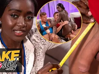 Hoggish Negroid MILF gets down anent the addition of dirty anent two thick sticks in a evil three-way